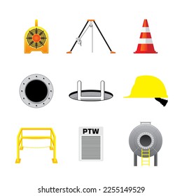 Set of colorful confined space work equipment icon and symbol. Safety tool for high risk work on construction, industrial work.