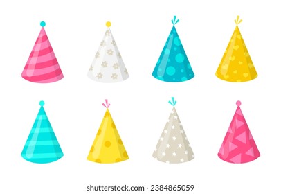 Set of colorful conical caps. White and yellow hats for party and festival. Birthday celebration and event. Poster or banner. Cartoon flat vector collection isolated on white background