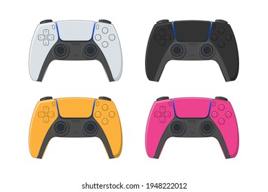 Set of colorful  console controllers in vector. New modern gamepads in 4 different colors: white, black, yellow, pink. Set of isolated color joysticks on white background.