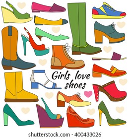 Set of colorful contour icons. Different women shoes. Vector illustration