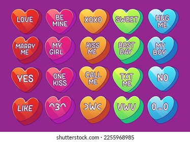 Set of colorful conversation candies isolated on background. Vector contemporary illustration of retro style heart shape sweets with romantic love, kiss, hug, flirt messages and wishes. Valentine Day