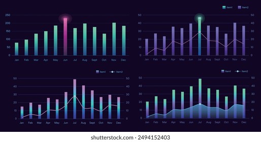 set of colorful cool data visual growth trend bar chart futuristic diagram