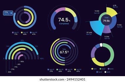 set of colorful cool futuristic trendy sport data topic pie chart vector diagram