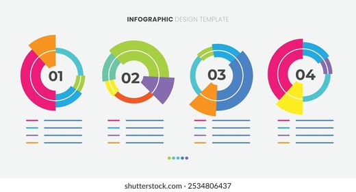 Conjunto de gráfico de pastel fresco colorido sobre fondo oscuro. Estilo futurista gráfico de anillo de moda