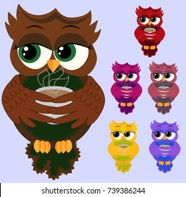A set of colorful coquettish co-girls with long eyelashes, folded wings and with steaming cups of tea, coffee, chocolate