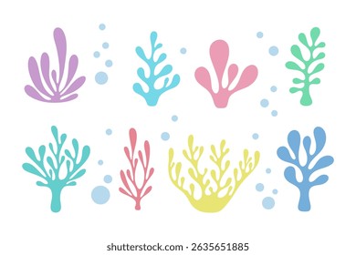 A set of colorful corals and algae. Isolated on white. Marine and oceanic plants, vector illustration, flat design. A collection of simple underwater summer icons in cartoon style