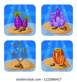 Set of colorful corals and algae on a blue background. Natural underwater vector illustration. Cartoon style, isolated