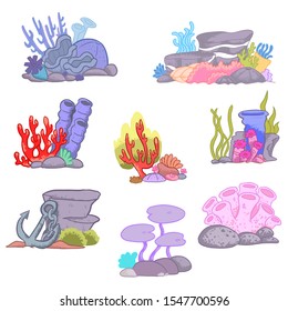 Set of colorful corals , cartoon style vector , isolated in white background, elements for aquarium decoration.