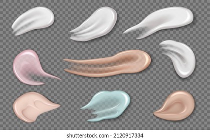 Set of colorful cosmetic cream smears texture. Realistic skin cosmetic cream, gel or foam drop isolated on transparent background. 3d vector illustration