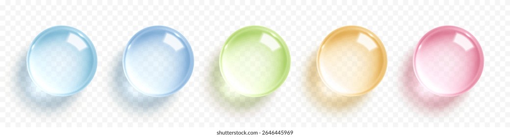 Conjunto de gotas coloridas de gel cosmético sobre fundo transparente. Bolhas séricas de colágeno. Essência cosmética. Conceito de solução cosmética de cuidados da pele. Ilustração vetorial