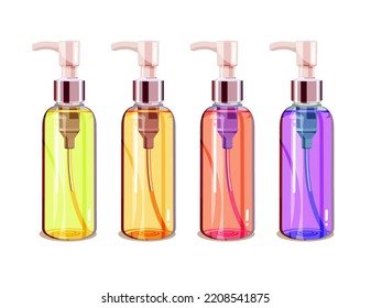 Set of colorful cosmetic glass bottles with doser isolated on white background. Flat cartoon vector illustration for poster, web design, banner, card, flyer, icon, logo or badge.