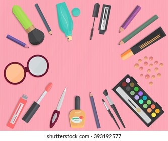 Set of colorful cosmetic isolated on a pink background. Top view.