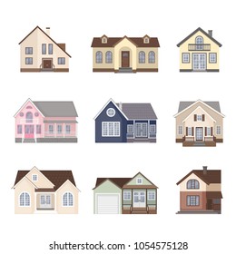 Set of colorful cottage houses isolated on white background. Flat Design Urban Landscape. Modern building architecture icon. Vector Illustration.