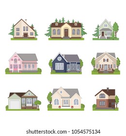 Set of colorful cottage houses isolated on white background. Flat Design Urban Landscape. Modern building architecture icon. Vector Illustration.