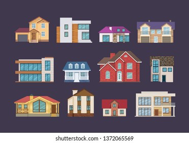 Set of colorful country houses, cottages, private sectors, holiday mansions, hotels and guesthouse. Facades of real estate, buildings. Modern architectural buildings. Vector illustration isolated.