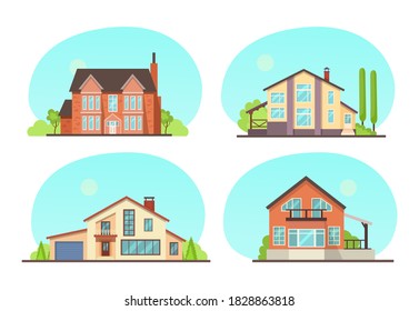 Coloridas casas de campo con tejado, casas de campo suburbanas, casa de huéspedes, mansión, casa de campo, ladrillo de la casa, edificios. Casa de apartamentos en fachada. Ilustración vectorial inmobiliaria aislada.