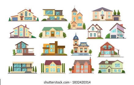 Set colorful country town houses with roof, suburban cottages, guest house, mansion, townhouse, house brick, buildings. Facade apartment house. Real Estate vector illustration isolated.