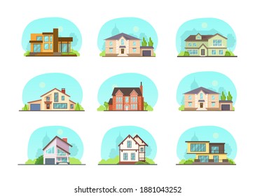 Set colorful country town houses with roof, suburban cottages, guest house, mansion, townhouse, house brick, buildings. Facade apartment house. Real Estate vector illustration isolated.