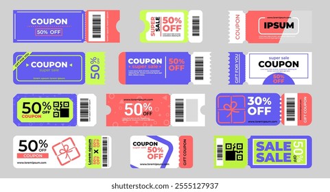 Set of colorful coupon designs with discounts on a gray background. Vector illustration