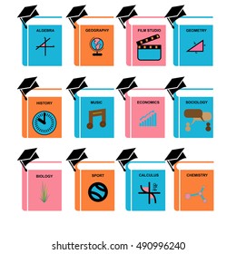 Set of colorful course book with graduation hat icon on white background . Vector education concept design.