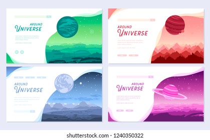 Set of colorful covers with different planets and Around Universe headline concept.  Vector flat  flyear, web banner, ui header, enter site. Invitation concept background. Layout modern slider