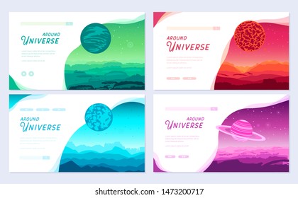 Set of colorful covers with different planets and Around Universe headline concept.  Vector flat  flyear, web banner, ui header, enter site. Invitation concept background. Layout modern slider