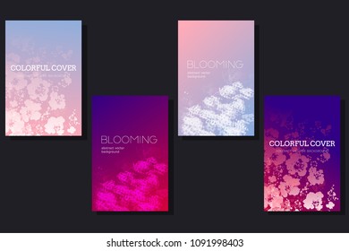 Set of colorful covers with floral pattern and gradient. Abstract vector background with blooming flowers silhouette and gradient.