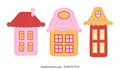 A set of colorful cozy houses in a charming and festive style for seasonal designs, holiday cards, invitations, and cheerful decorations
