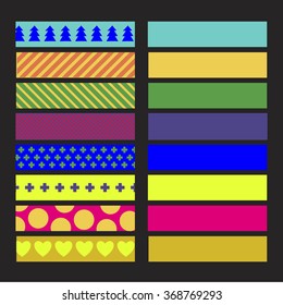 SET OF COLORFUL CRAFT TAPE WITH VARIANT PATTERNS. ON THE BLACK BACKGROUND. Editable vector illustration file.