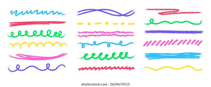 Conjunto de linhas coloridas, retas, curvas e tracejadas. Efeito giz de rabiscar sublinhados