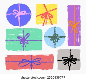 Set of colorful crayon, brush stroke texture gift boxes with tied bows. Holidays vector element. Template elegant minimal line stroke style. Vector gift items chalk graphic elements.