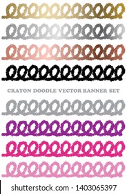 Set of colorful crayon doodle banners isolated on a white background. Vector illustration.