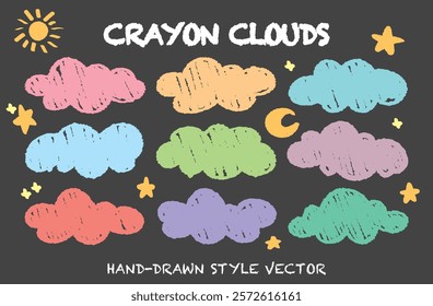 Set of colorful crayon drawing childish clouds vector. Hand drawn style doodle night sky with star sun moon pattern. Pencil kids drawings various flat cloud shapes. Cartoon cloudy sky Chalk blackboard