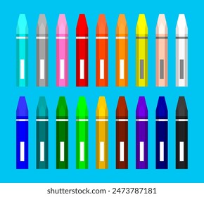 Set of colorful crayons. Drawing tools. Isolated vector on blue background.