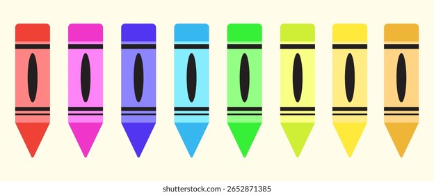 A set of colorful crayons in flat design style, perfect for school, kids, drawing, or creative educational content. Isolated on light background.