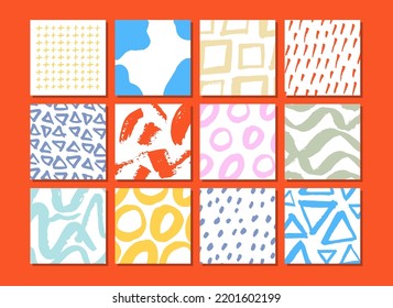 Juego de coloridas cartas universales dibujadas a mano creativas. Pinceles vectoriales dibujados a mano.