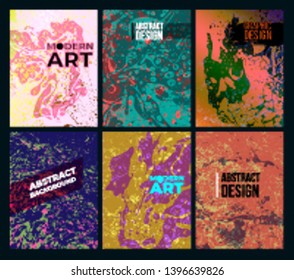 Set of colorful creative marble cards. Textures hand drawn made with special ink. Applicable for design cover, posters, presentation, invitation, flyer. Vector fluid art. Isolated on white background.