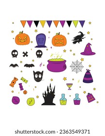 Set Of Colorful Creepy Halloween Vectors And Spooky Icons