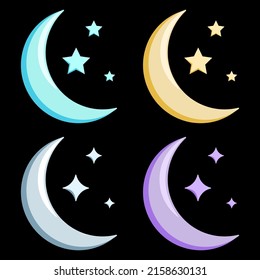 set colorful crescent moon flat cartoon style isolated black background