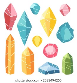 Conjunto de cristales de colores en una Ilustración vectorial de estilo plano. Colección de varias Formas de piedras preciosas con colores brillantes y vibrantes y diseños geométricos simples. Perfecto para su uso en el Diseño gráfico, un juego