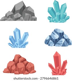 Set of colorful crystals and rocks, including blue, red, and grey mineral formations.