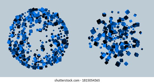 Set of colorful cube shapes explosion splashes isolated on gray. Illustration for artistic design and geomeric shape painting