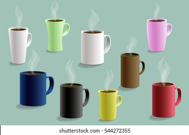 Set of colorful cup mug pot for hot drinks coffee tea soup. Vector illustration narrow wide cup ceramic elegant office male and female white green pink blue brown black yellow red stem over the cup.