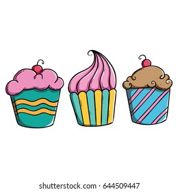 set of colorful cupcake with cherry using doodle art