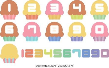 Set of colorful cupcake icons with numbers and numbers