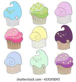 Set of colorful cupcakes. Cakes with cream. Vector illustration