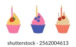 Set of colorful cupcakes with cream, berries and burning candles. Birthday muffins with strawberry, blueberry and cherry. Holiday desserts. Vector flat illustration isolated on white background