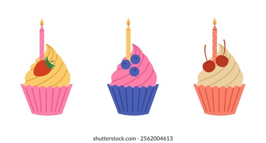 Set of colorful cupcakes with cream, berries and burning candles. Birthday muffins with strawberry, blueberry and cherry. Holiday desserts. Vector flat illustration isolated on white background