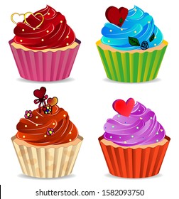 Set of colorful cupcakes. Greeting card for Valentine's Day, Stock vector illustration for congratulations. Delicious cupcakes and vector sprinkles cupcakes set isolated on a white background.