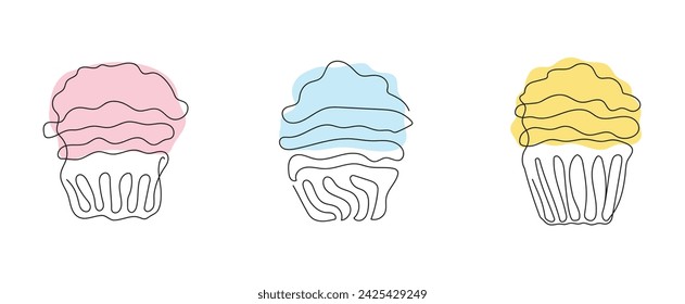 Conjunto de cupcakes coloridos en estilo de dibujo continuo de una línea. Simple arte de línea de magdalenas con glaseado ondulado. Vector aislado en blanco. Elementos de diseño para el saludo, postal, impresión, scrapbooking